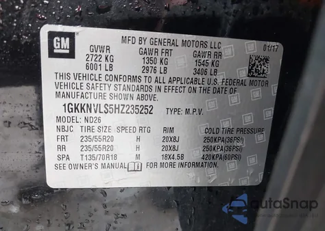 2017 GMC Acadia Slt-1 z USA, uszkodzony, nr VIN 1GKKNVLS5HZ235252